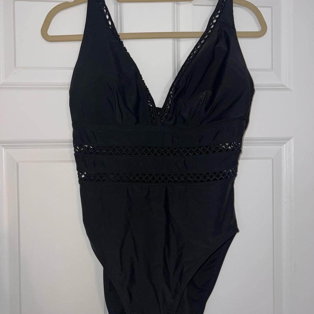Swimsuits For All Black V-Neck One-Piece with Ladder Trim